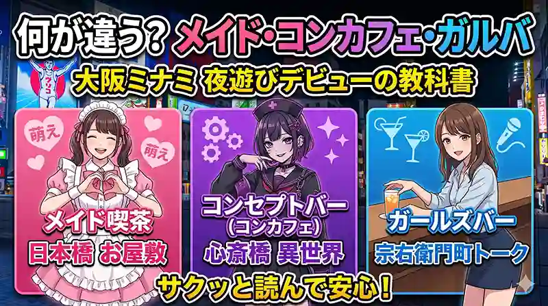 コンセプトバー・ガールズバー・メイド喫茶の違いとは？大阪ミナミで初めて楽しむなら知っておきたいナイトスポット選びの基本！
